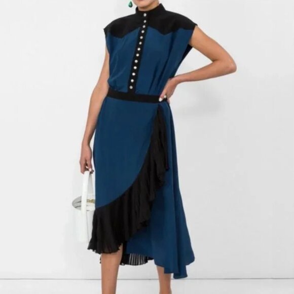 Givenchy Silk Wrap Midi Dress NEW Color Block Blue Black Pleated Ruffle 40 Small - Picture 1 of 8